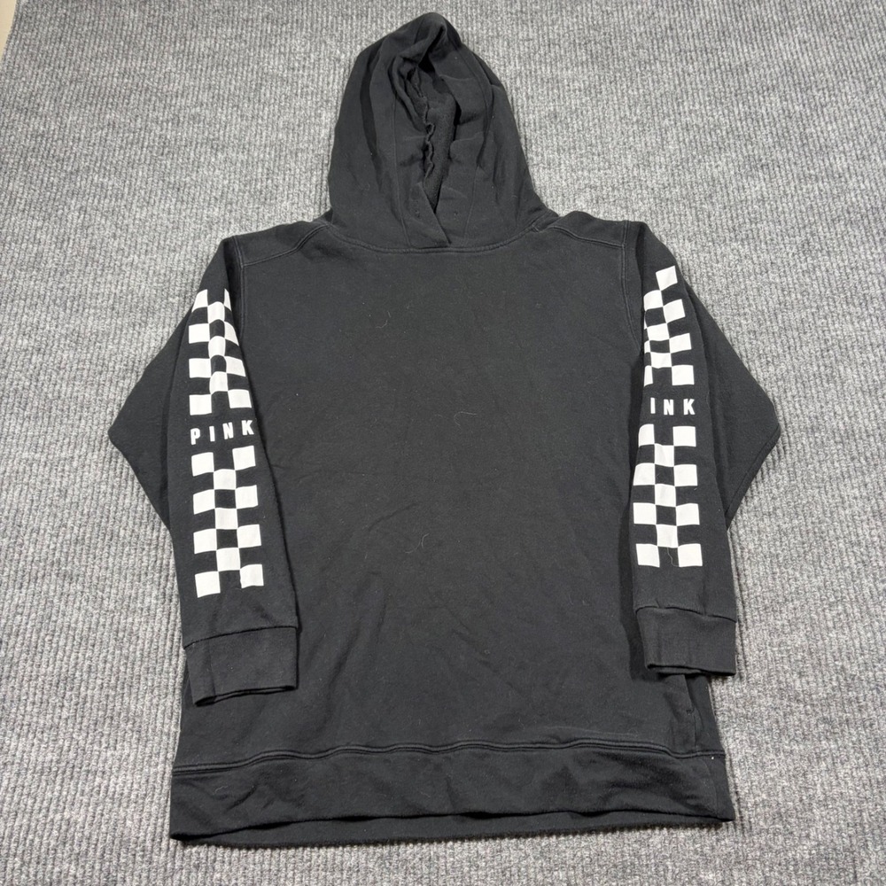 Pink Victorias Secret Hoodie Womens M Pullover Black Checkerboard Sleeve Graphic